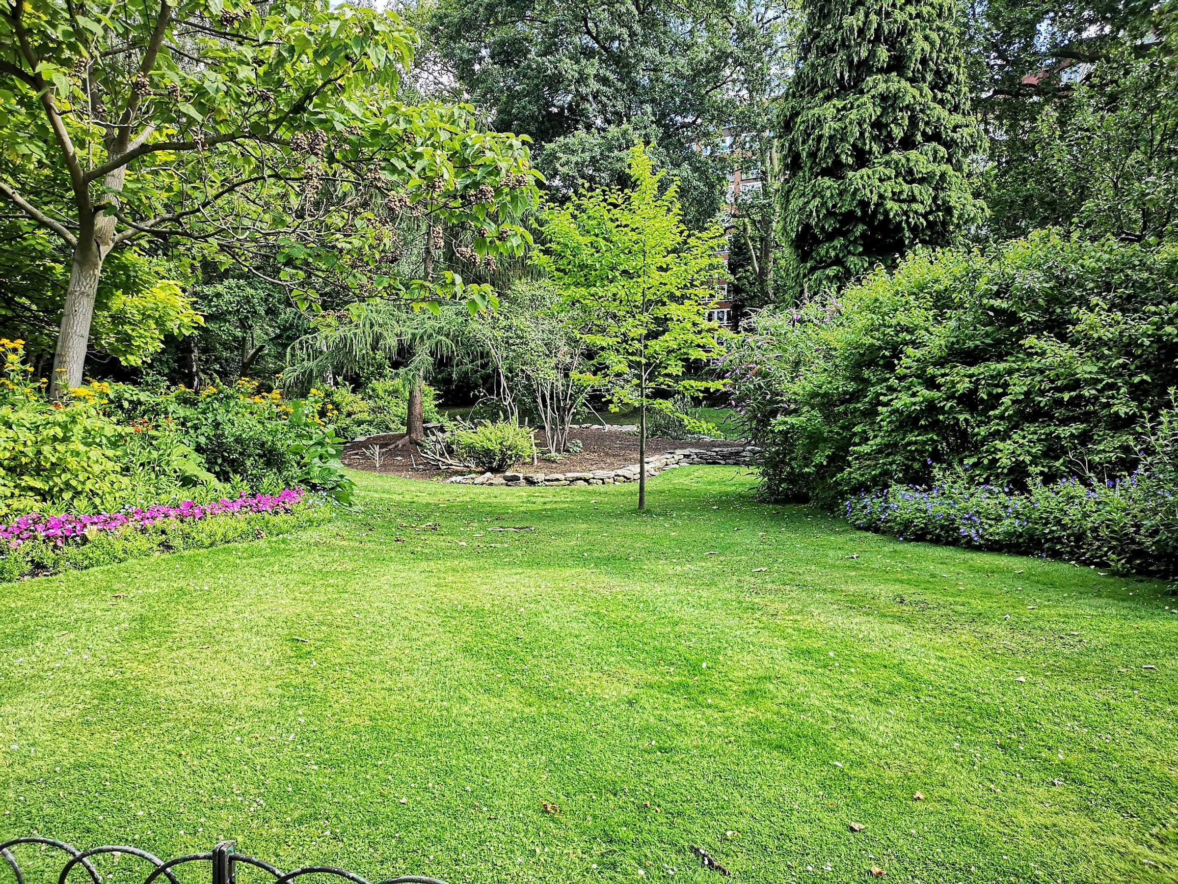 A beautifully manicured backyard with crisp lawn edges and layered planting beds